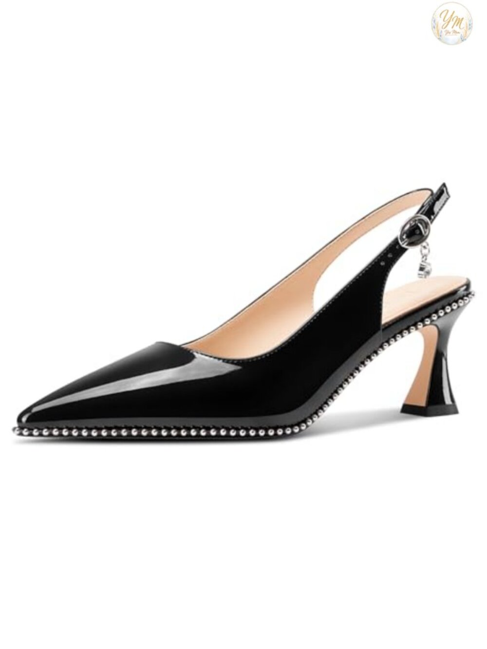 Kitten Heel Pointed Toe Pumps Beaded Slingback Buckle Slip-On Patent Leather
